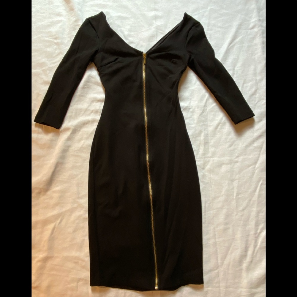 Long Black bebe Bodycon Zipper Dress 3/4 Sleeve XS